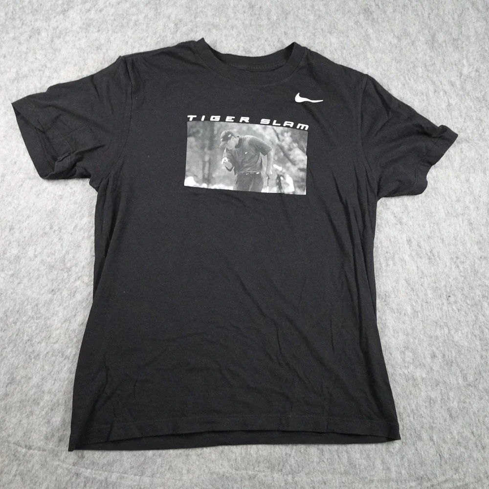 Nike Shirt Men Medium Black Tiger Slam Graphic Tee Golf Swoosh BV1997 00A Cotton